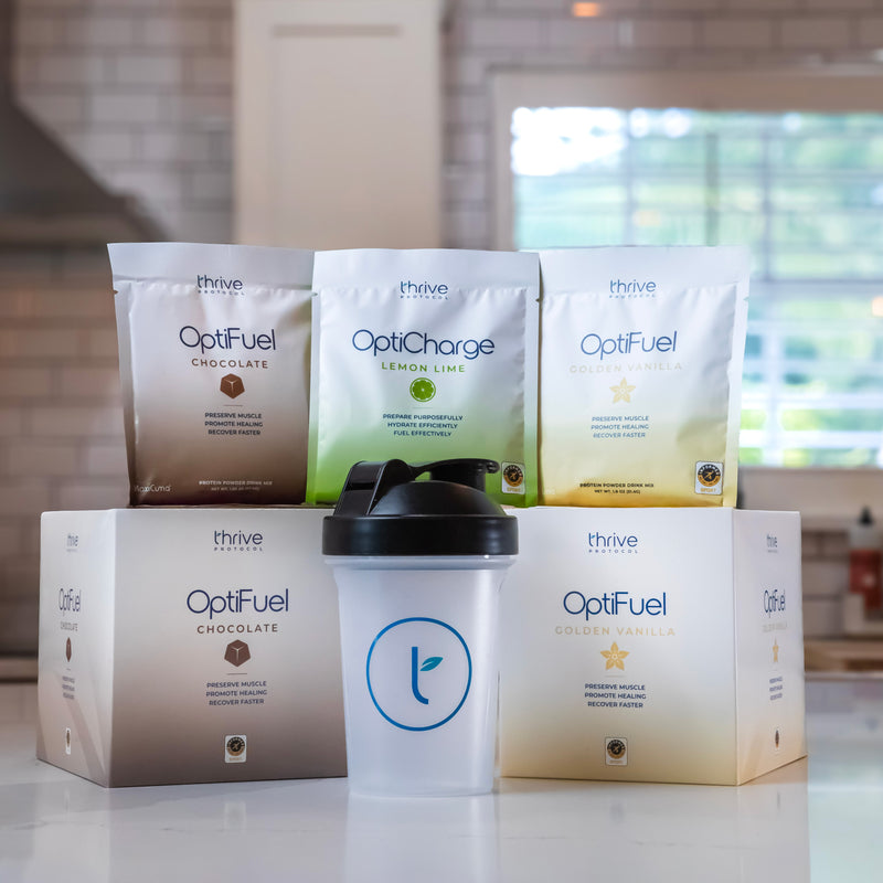 Thrive Protocol drink mix packets, boxes, and cup.