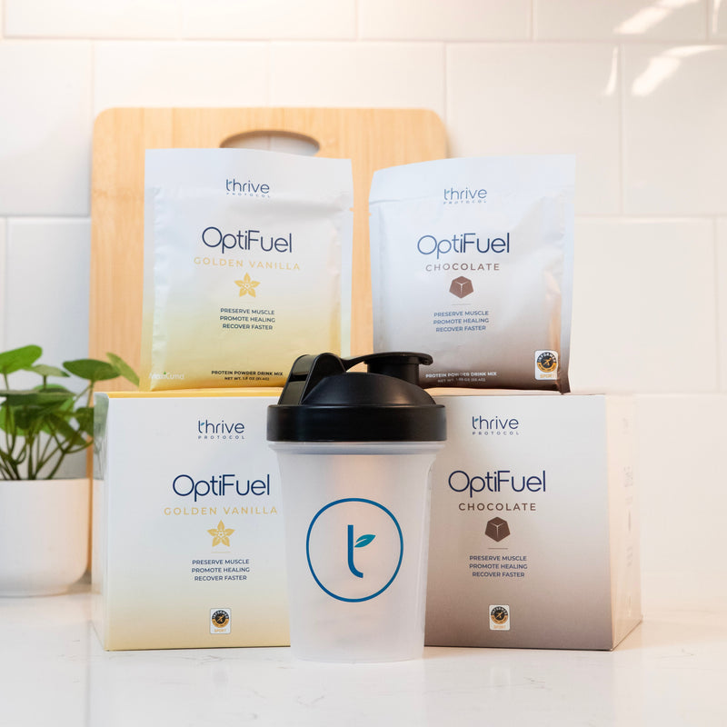 Thrive Protocol OptiFuel Golden Vanilla and Chocolate protein powder drink mixes with shaker bottle.