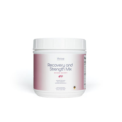 Recovery and Strength Mix. Mixed Berry. support Recovery, Build Strength, Optimize Performance. Dietary Supplement. Net WT 23.28 oz